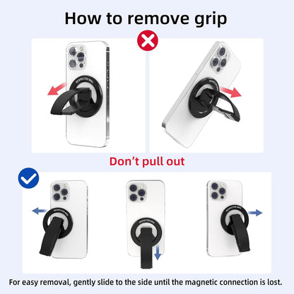 Magnetic-Phone-Grip-Stand, Magnetic Phone Ring Holder Kickstand with Silicone Finger Strap, Compatibility for iPhones, Androids, and More (Black)