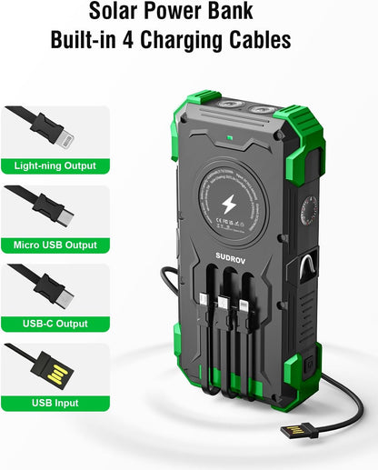 Solar Charger Power Bank, 42800mAh Wireless Portable Charger with USB-C in/Output, QC3.0 Fast Charging 15W 4 Ports Outdoor Battery Pack Built-in Dual Led Flashlights for iPhone Samsung etc