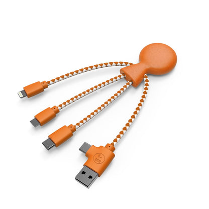 Multi USB Cable 4 in 1 - Universal Charger Made from Recycled Plastic - USB, USB-C, Lighting, Micro USB Ports - Compatible with All Smartphones Mr Bio Blue Octopus (Orange)
