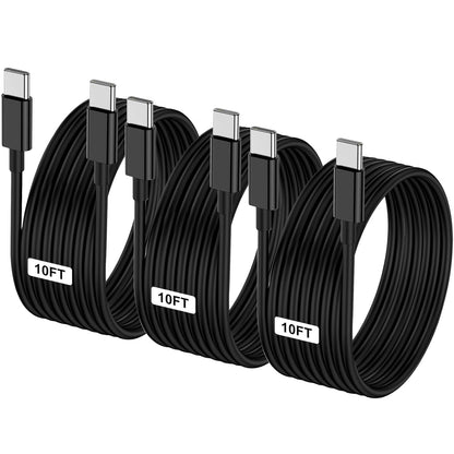 3-Pack Black 10FT 60W USB C to USB C Cable, Type C to Type C Cable,Fast Charging Cable for iPhone 16 15 Pro Plus Pro Max，for Galaxy S24 S23, for iPad Pro/Air, for MacBook Pro/Air and More