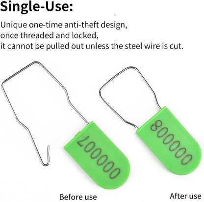 100PCS Plastic Padlock Security Seals Metal Wire Padlocks Electric Meter Lockout Tags Self-Locking Numbered Anti Tamper Seal Tags Green