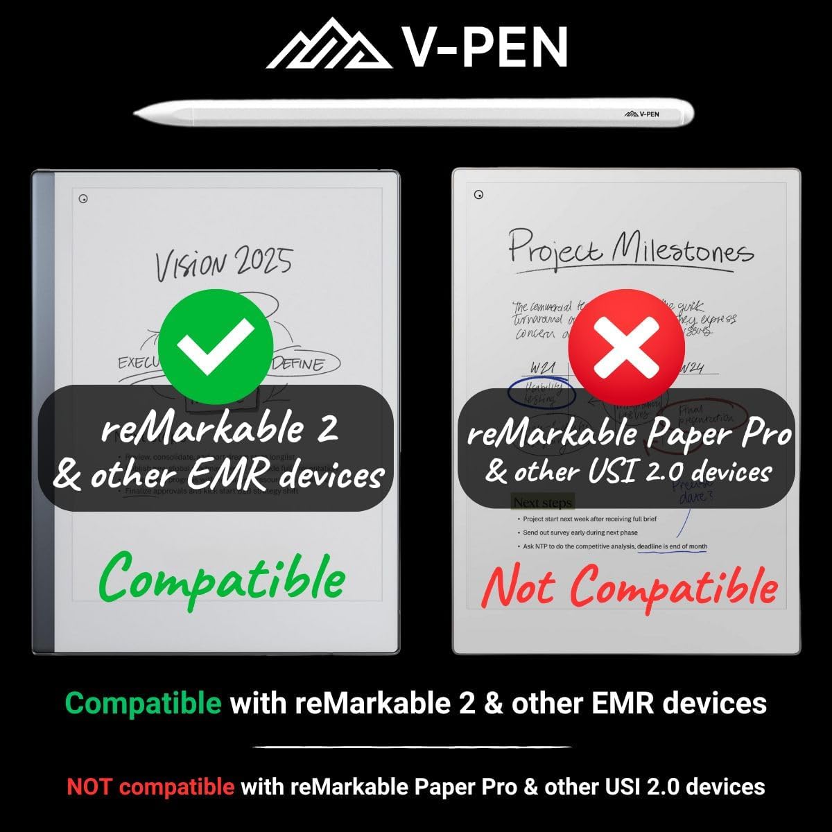 V-Pen EMR Stylus Remarkable 2 Pen Replacement with Digital Eraser + 5 Tips | 4096 Pressure Level Sensitivity & Palm Rejection | Digital Pen Marker Plus Compatible Kindle Scribe & Tablet Pen | White