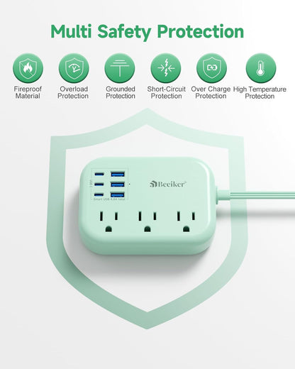 6 USB(3 USB C) Green Travel Power Strip- 5Ft Green Extension Cord with 6 USB Charging Station 24W and 3 Outlets, Cute Desk Accessories for Cruise Travel Kawaii Home Office Dorm Room