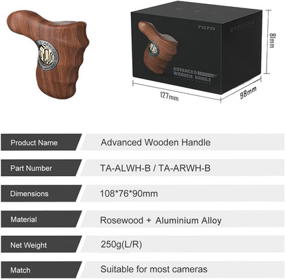Tilta Advanced Left Side Wooden Handle (ARRI Rosette - Type X) | Black Walnut Wood & Aluminum Alloy Build | Quick Release Button