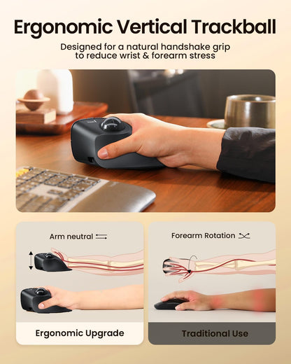 ProtoArc Vertical Wireless Trackball Mouse, EM05 NL Bluetooth Ergonomic Rollerball Mouse Rechargeable Computer Laptop Thumb Mice, 3 Device Connection, Compatible with iPad, Mac, Windows, PC-Gray