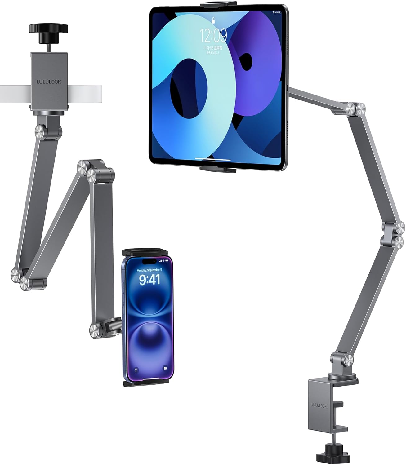 Tablet Stand iPad Phone Holder for Desk, Heavy Duty Aluminum 360° Rotating & Foldable Arm Mount Kindle Holder for Bed, Stand for iPad, Kindle, Portable Monitor, Samsung Galaxy Tab, Grey (Max 15.6")