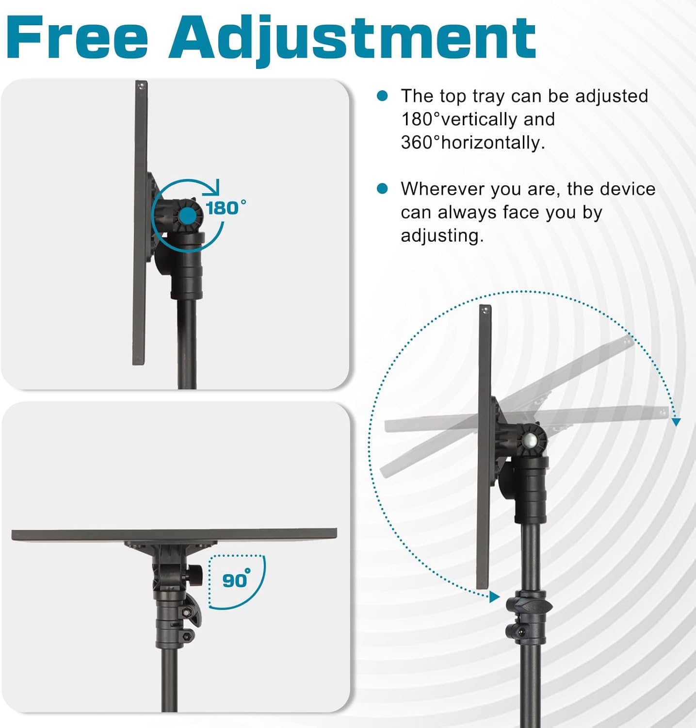 Lusweimi Projector Tripod Stand, 50” Laptop Stand with 2 Shelves for Projector, iPad, DJ Equipment, Portable Adjustable Floor Stand with Gooseneck Phone Holder for Office, Home, Stage or Studio