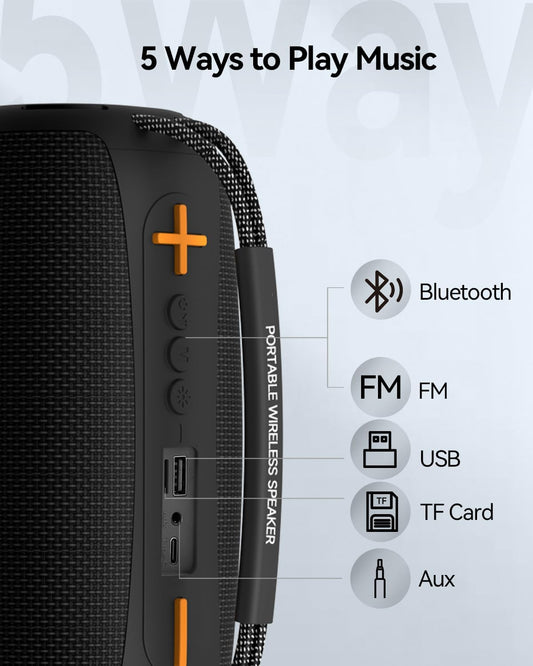 Portable Bluetooth Speaker with Light, Loud Sound and Deep Bass, IPX6 Waterproof, Up to 18H Playtime, TWS Pairing, Support Bluetooth/AUX/USB/TF Card for Home, Party, Outdoor and Travel (Black)