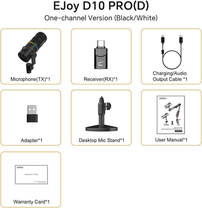 COMICA D10 Pro D Wireless/XLR/USB Dynamic Microphone with Receiver Desktop Stand- Dual Channel Cardioid Mic, 45H Battery, RGB Lights, CalMix Denoise for Gaming/Streaming/PD(PC, PS4/5, Mac,Phone)-Black