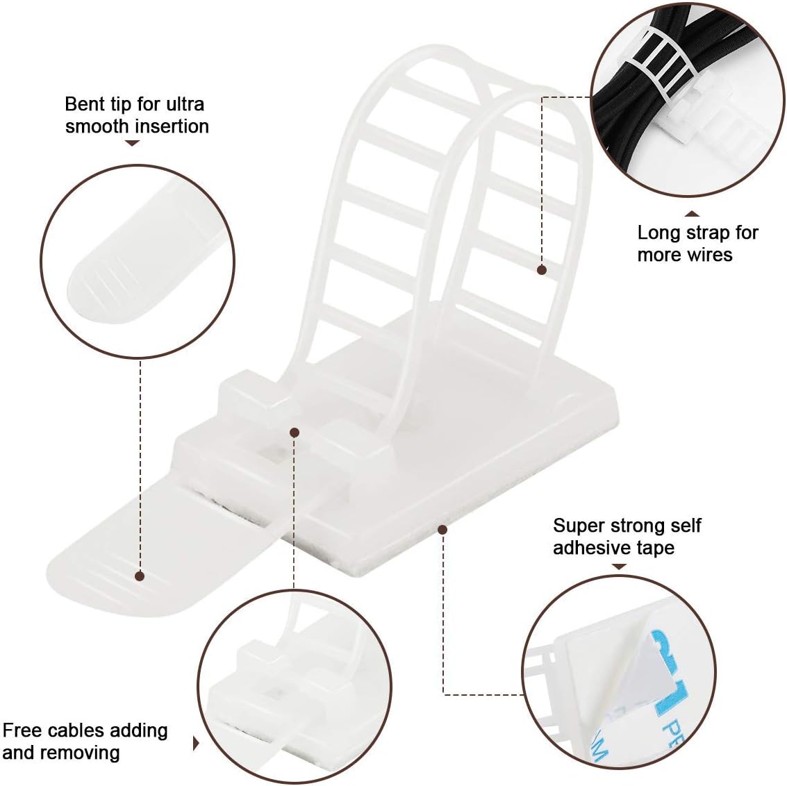 Adhesive Cable Management Clips, 100Pcs Adjustable Nylon Cable Strap Ties Wire Clips Clamps Organizer with Strong Adhesive Tape, Extra Screw & Hole for Strong Fixation Home Office - 3.35 Inch White