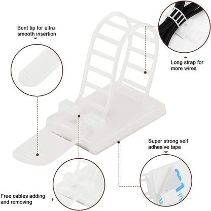 Adhesive Cable Management Clips, 100Pcs Adjustable Nylon Cable Strap Ties Wire Clips Clamps Organizer with Strong Adhesive Tape, Extra Screw & Hole for Strong Fixation Home Office - 3.35 Inch White