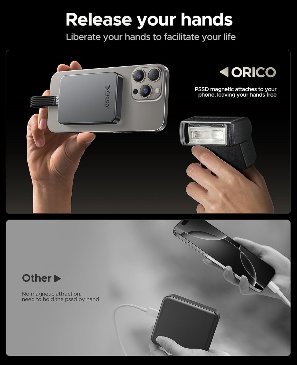 ORICO 512 GB Magnetic SSD, PD100W Charging, 4K ProRes HDR, 1000MB/s USB 3.2, Portable External Drive for iPhone 16/15, Laptops, Tablets - Aluminum Alloy, Drop Resistant - K10