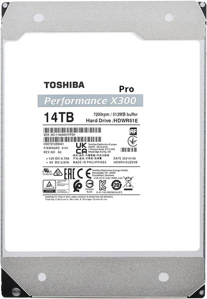 Toshiba X300 PRO 14TB High Workload Performance for Creative Professionals 3.5-Inch Internal Hard Drive – Up to 300 TB/Year Workload Rate CMR SATA 6 GB/s 7200 RPM 512 MB Cache - HDWR51EXZSTB