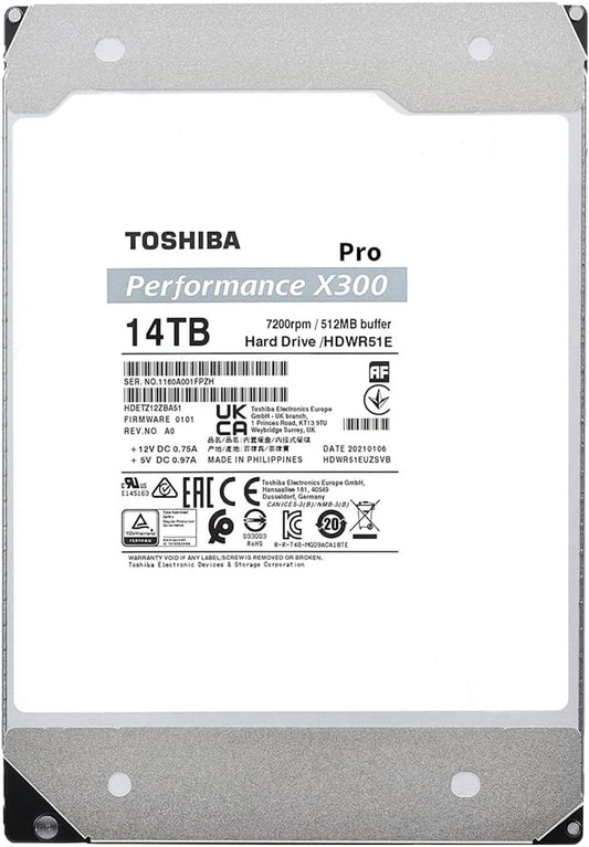 Toshiba X300 PRO 14TB High Workload Performance for Creative Professionals 3.5-Inch Internal Hard Drive – Up to 300 TB/Year Workload Rate CMR SATA 6 GB/s 7200 RPM 512 MB Cache - HDWR51EXZSTB