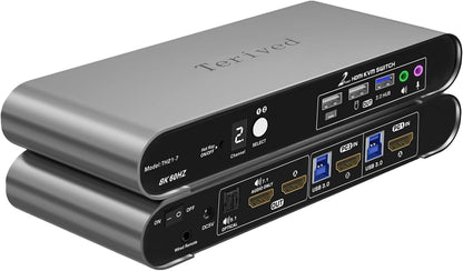 2 Computers 1 HDMI Monitor Automatic KVM Switch 8K@60Hz, Hotkey Switching, EDID, Support 5.1/7.1 Audio and Microphone, Aluminum Shell with Digital Display, USB 3.0 Hub, HDR10 with Cables