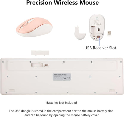 Wireless Keyboard and Mouse Combo, 2.4G Silent Cordless Keyboard Mouse Combo for Windows Chrome Laptop Computer PC Desktop, 106 Keys Full Size with Number Pad, 1600 DPI Optical Mouse (Pink)