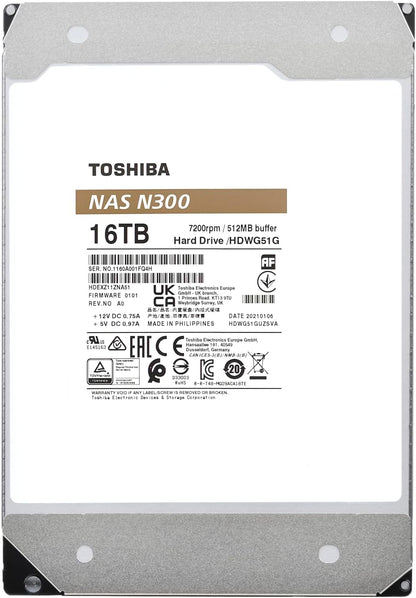 Toshiba N300 16TB NAS 3.5-Inch Internal Hard Drive - CMR SATA 6 GB/s 7200 RPM 512 MB Cache - HDWG51GXZSTA