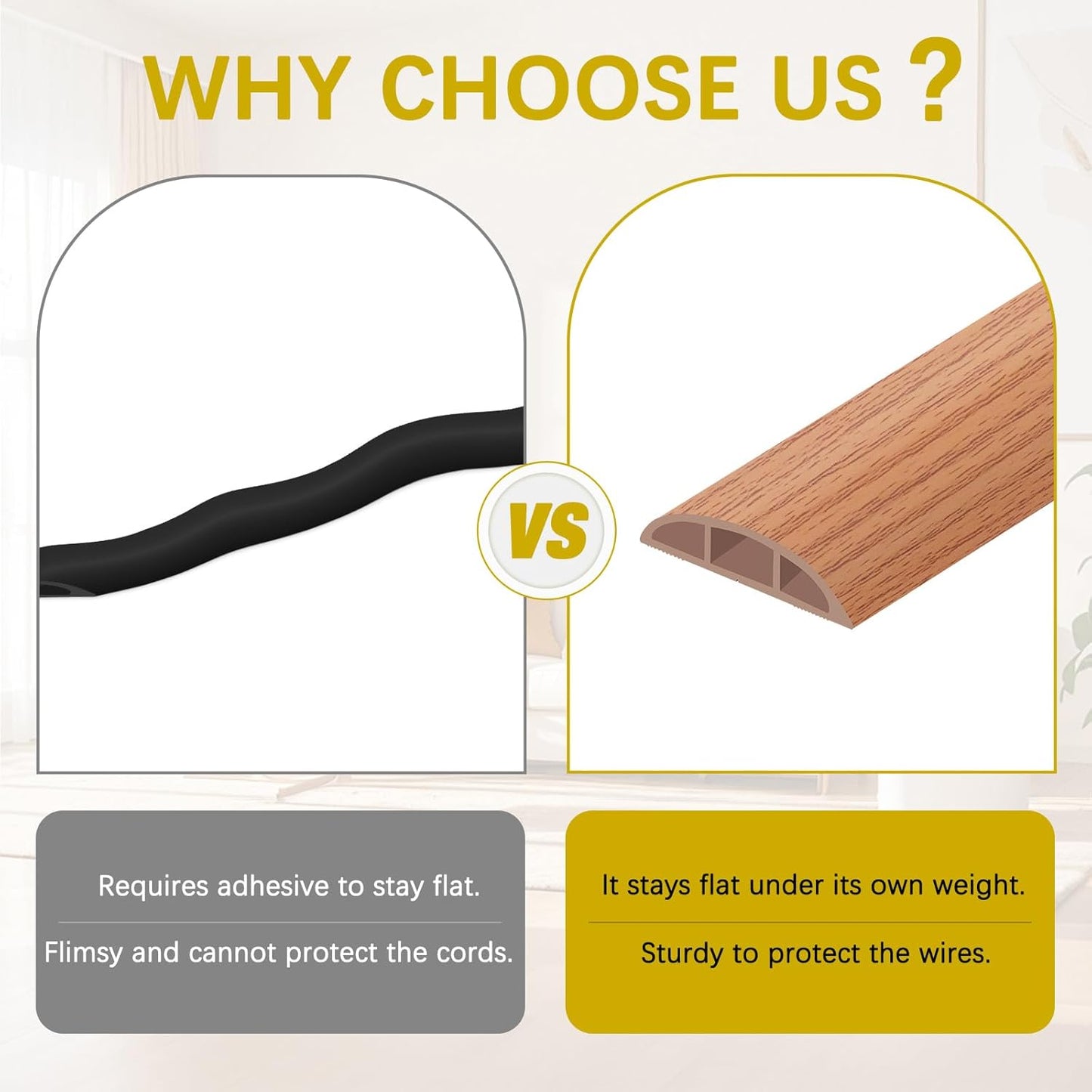 Floor Cord Cover 10FT Cord Covers for Wires on Floor Protect Wires & Prevent Trip Hazards, Easy to Cut for Home, Office, School, Concerts, Cavity W0.6in x H0.32in