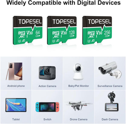 TOPESEL 128 GB Micro SD Card, 4K Camera Pro, UHD Video for GoPro, Action Camera, Drone, Smartphone, R/W up to 90/35 MB/s MicroSDXC Memory Card UHS-I U3 A1 V30