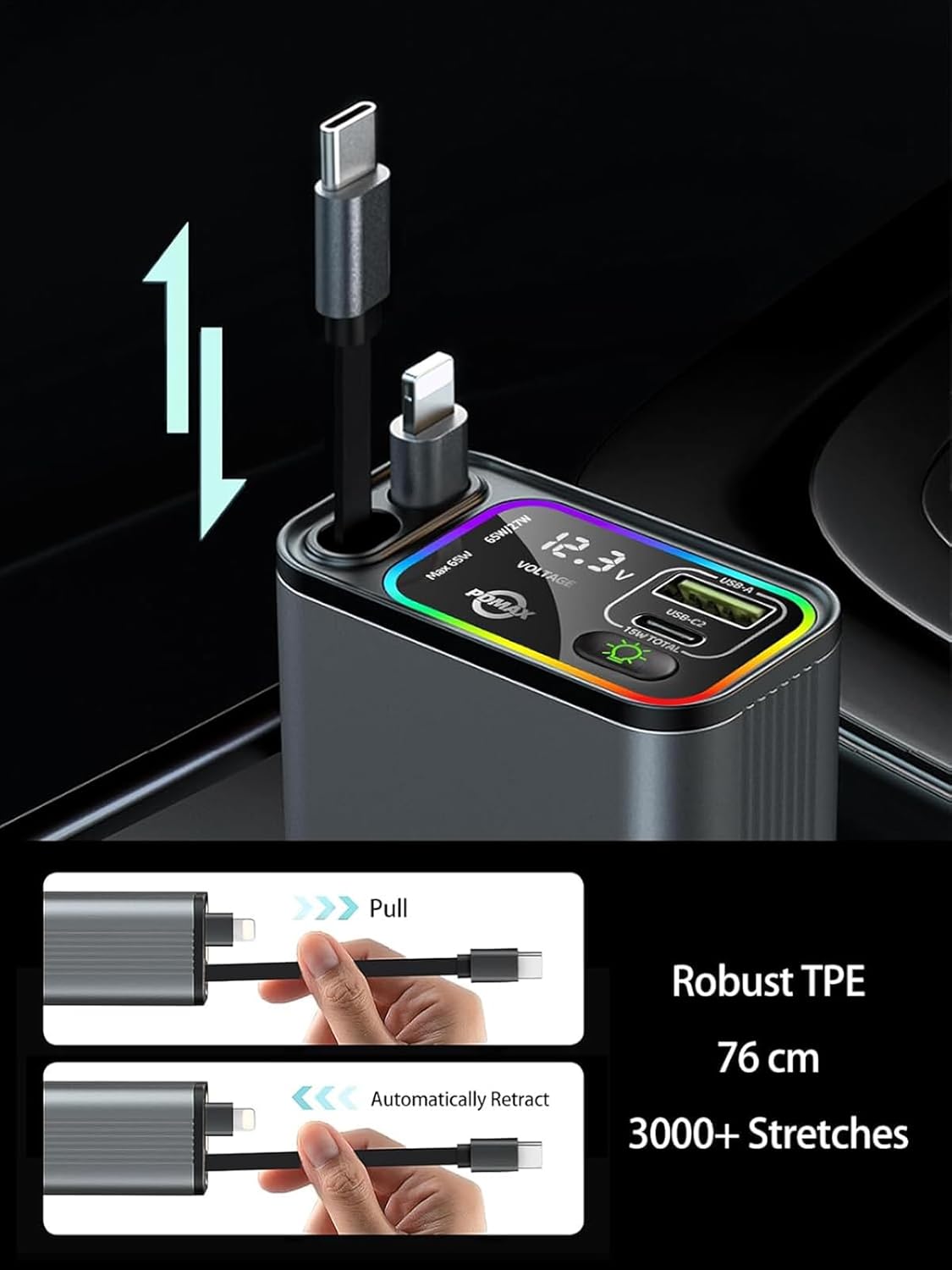 Retractable Car Charger USB C,107W Type C Car Charger Fast Charging with Dual Retractable Cable and USB Ports, Compatible with iPhone 16/15/14/13,S25/24/23/22, Pixel 9/8/7