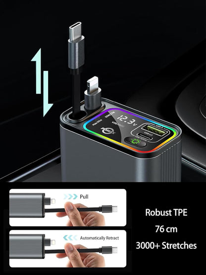 Retractable Car Charger USB C,107W Type C Car Charger Fast Charging with Dual Retractable Cable and USB Ports, Compatible with iPhone 16/15/14/13,S25/24/23/22, Pixel 9/8/7