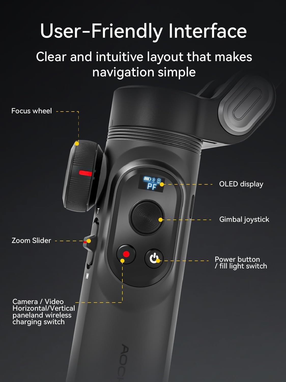 Gimbal Stabilizer for iPhone with AI Vision Sensor for Face Tracking, 3-Axis Phone Gimbal w/OLED Display for Vlog Recording, Compatible with iPhone/Android-Smart XPro AI Black