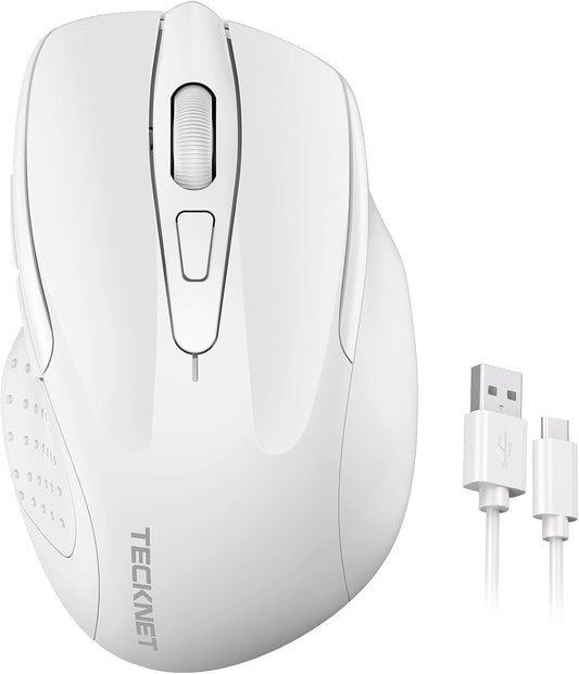 TECKNET Rechargeable Wireless Mouse, 2.4G Silent Mouse, Quiet Click, 6 Adjustable 4800 DPI, Cordless Computer Mouse, Ergonomic Mouse for Laptop, 6 Buttons USB Mouse for Chromebook, Ergo Grip - White