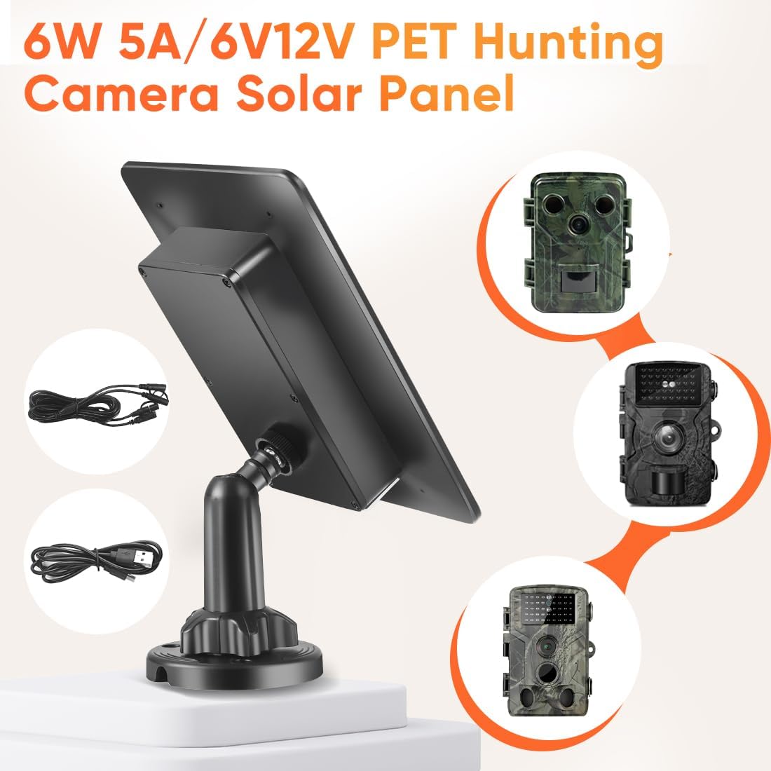 Solar Panel for Trail Camera,6W Solar Kit Build-in 5000mAh Rechargeable Battery, Hunting Accessories for IP66 Waterproof, 5W Solar Power for Trail Camera