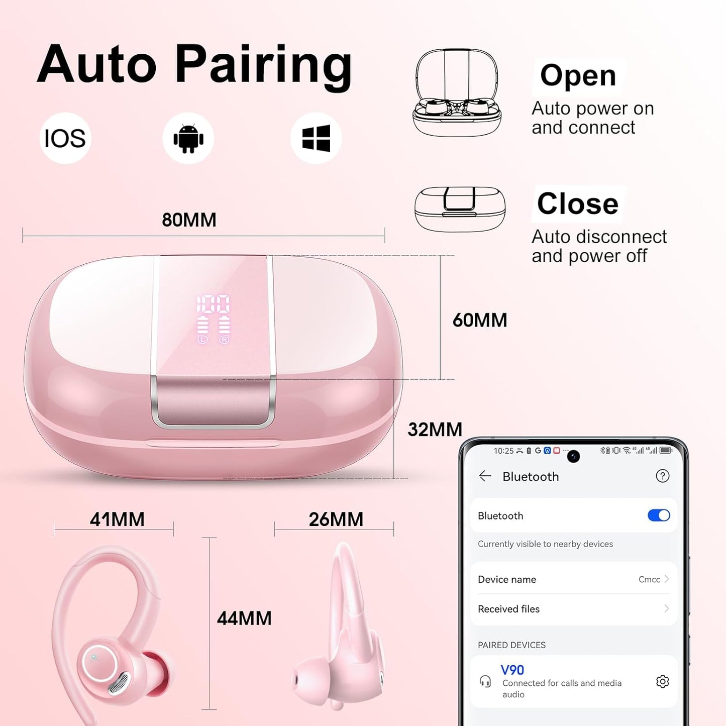 Wireless Earbuds Bluetooth 5.3 Headphones Sports, 48Hrs Playtime Bluetooth Earbuds with CVC 8.0 Mic, 2025 Stereo Bass Over Ear Bud with Earhooks, LED Display, IP7 Waterproof Earphon for Running Rose