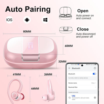 Wireless Earbuds Bluetooth 5.3 Headphones Sports, 48Hrs Playtime Bluetooth Earbuds with CVC 8.0 Mic, 2025 Stereo Bass Over Ear Bud with Earhooks, LED Display, IP7 Waterproof Earphon for Running Rose