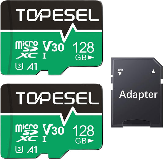 TOPESEL 128GB Micro SD Card 2 Pack with Adapter, High Speed TF Card, Memory Card microSDXC for Camera, Smartphone, Tablet, Dash Cam, Drone, UHS-I, U3, A1, 4K UHD, V30