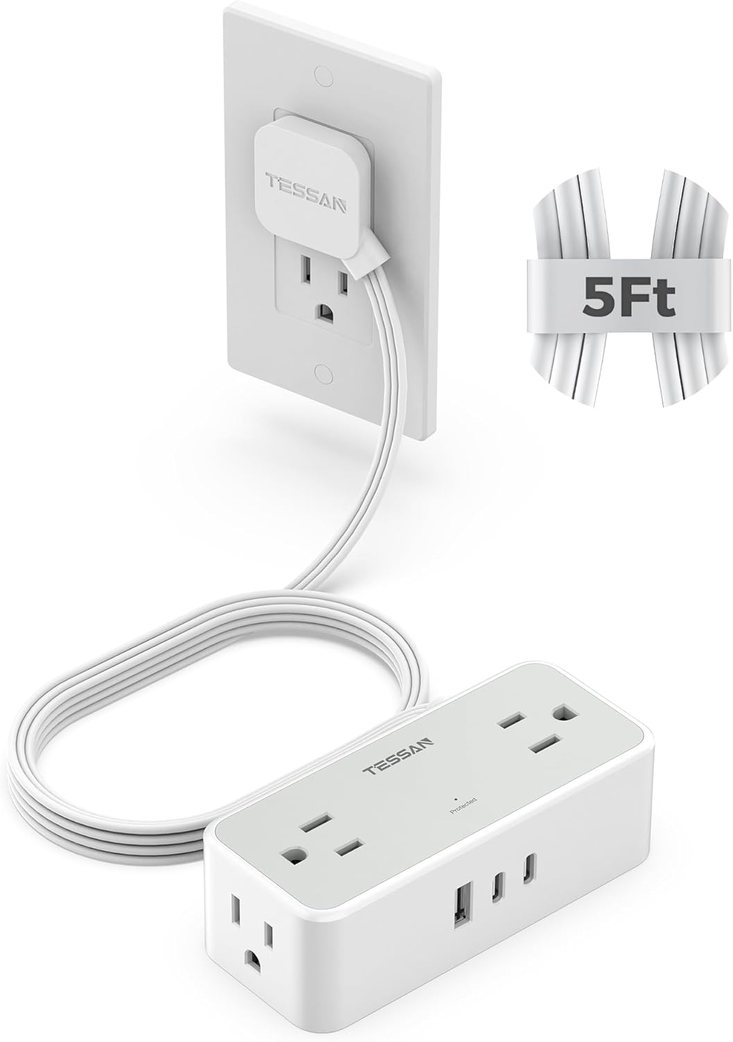 Flat Plug Extension Cord 5 FT, TESSAN Surge Protector Power Strip with 4 AC Outlets 3 USB Ports(2 USB C), 900 Joules Protection, Suitable for Home Office Dorm, Desk Organizers and Accessories