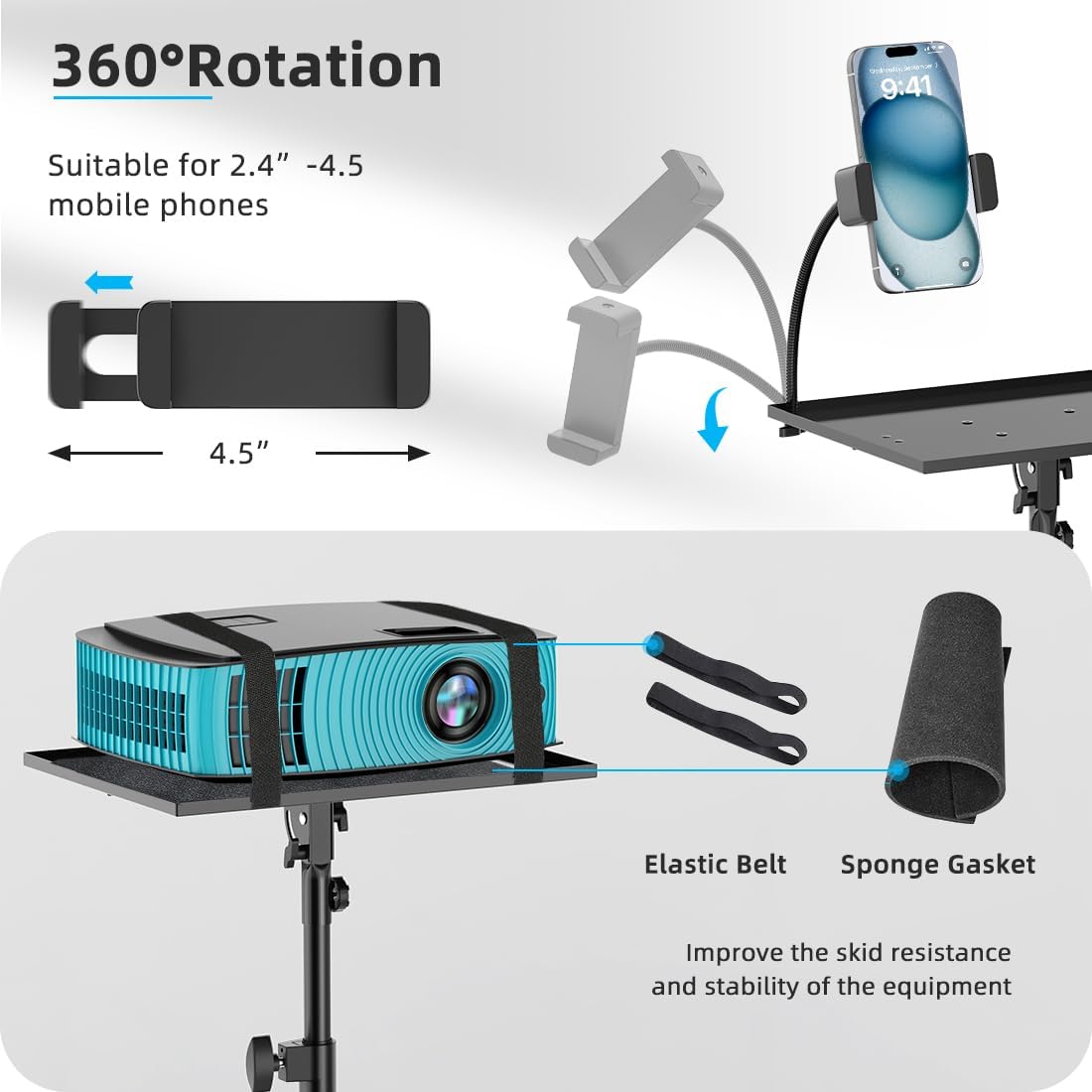 Projector Stand with Wheels, Laptop Tripod from 29" to 69" with Mouse Tray, Adjustable Height DJ Racks Stands with Gooseneck Phone Holder, for Office, Home, Stage, Studio, 1 Pack Black