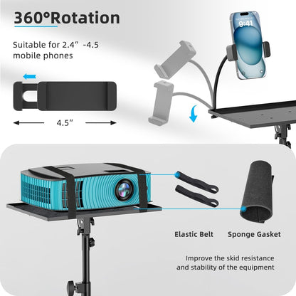 Projector Stand with Wheels, Laptop Tripod from 29" to 69" with Mouse Tray, Adjustable Height DJ Racks Stands with Gooseneck Phone Holder, for Office, Home, Stage, Studio, 1 Pack Black