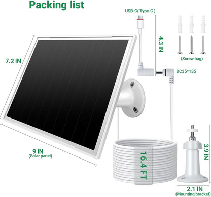 Solar Panel for Ring Camera, 8W High - Efficiency Solar Charger Compatible with Stick Up Cam & Ring Spotlight Cam (Battery) - Waterproof, 16ft Long Cable, DC3.5mm & USB C Ports, White