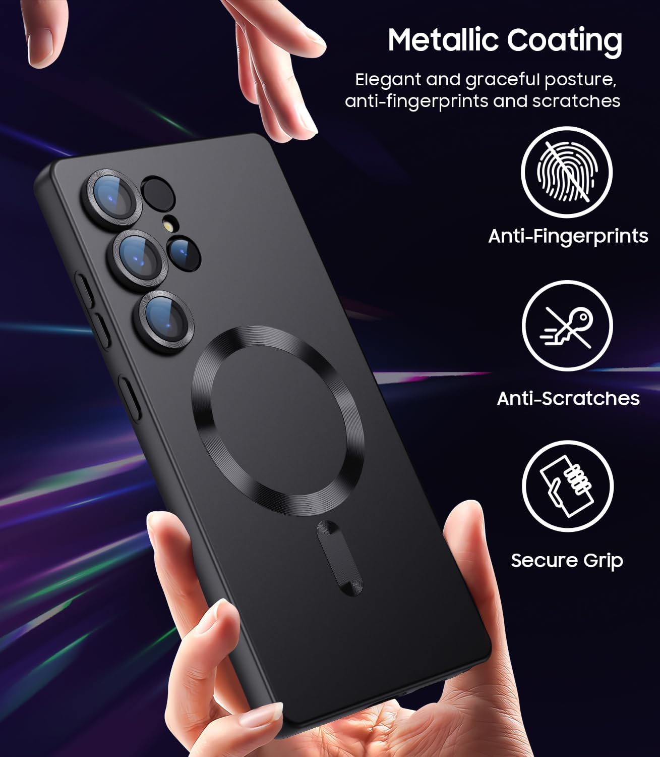 Magnetic for Samsung Galaxy S25 Ultra Case [Compatible with MagSafe][Built-in Camera Lens Protector] Slim Soft Silicone Bumper Shockproof Metallic Luster Phone Shell (Black)