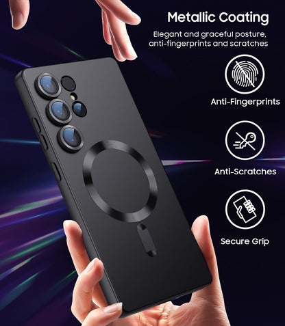 Magnetic for Samsung Galaxy S25 Ultra Case [Compatible with MagSafe][Built-in Camera Lens Protector] Slim Soft Silicone Bumper Shockproof Metallic Luster Phone Shell (Black)