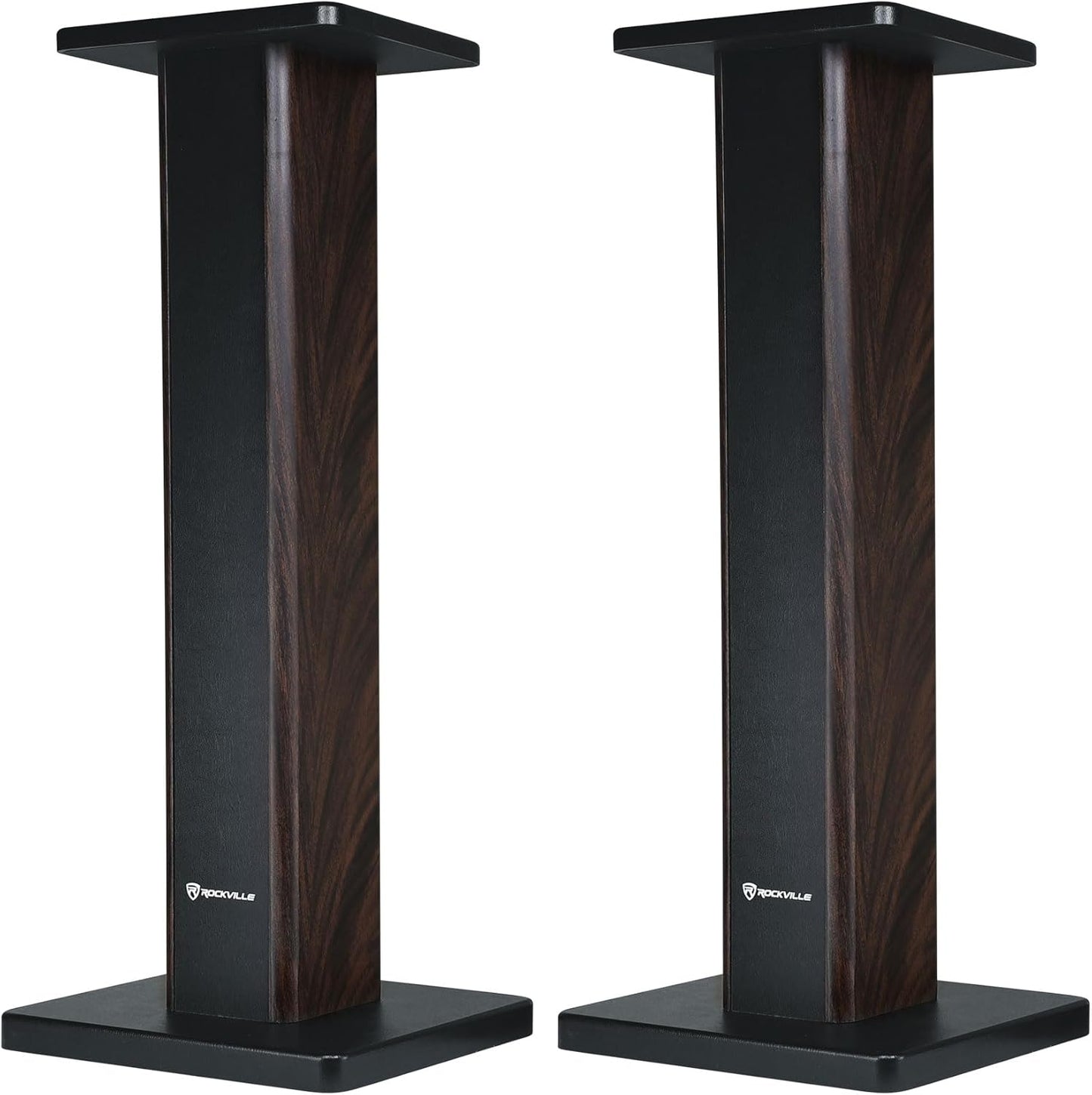 Rockville Pair RHT28D 28" Bookshelf Speaker Stands, Dark Wood Grain, 60 lbs Capacity, Sand-Fillable Design, Dual Platform Sizes, Anti-Slip Pads, for Home Theater and Studio Monitors