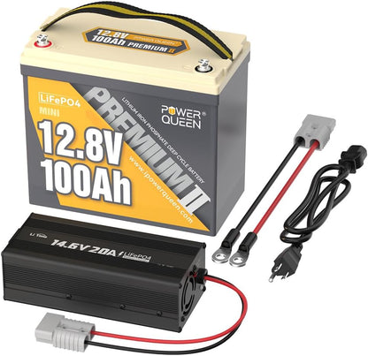 Power Queen MINI LiFePO4 Lithium Battery with 14.6V 20A Battery Charger, 12V 100Ah Battery with Built-in 100A BMS, 1280Wh Energy, Up to 15000 Cycles, 10-Year Lifespan for Backup Power, RV, Camping