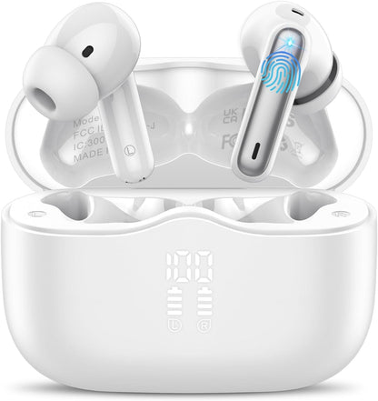 Wireless Earbuds, Bluetooth 5.4 Headphones in Ear with 4 ENC Noise Cancelling Mic, New Wireless Earphones HiFi Stereo Deep Bass 40H Playtime, In-Ear Bluetooth Earbuds LED Display IP7 Waterproof, White