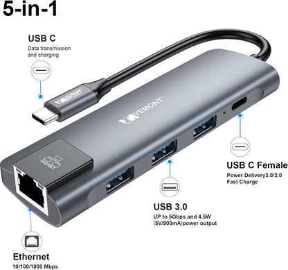VEMONT USB C hub,5 in1 USB-C hub, Type-c multiport Adapter with Gigabit Ethernet, 3 USB 3.0 hub for Data, 100W Power Delivery, USB c hub for Laptop MacBook/ipad, and Other USB C Devices
