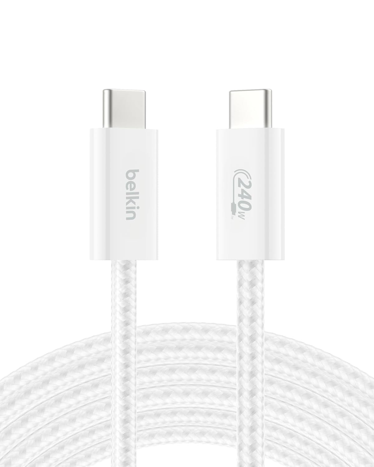 Belkin USB C to USB C Cable, 9.9ft, 240W - Type C Charger, iPhone Charger Cord, Soft, Braided, Flexible for iPhone 17, Galaxy S25, Pixel 10, MacBook, Chromebook, iPad Pro, Switch Steam Deck – White