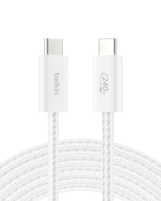 Belkin USB C to USB C Cable, 9.9ft, 240W - Type C Charger, iPhone Charger Cord, Soft, Braided, Flexible for iPhone 17, Galaxy S25, Pixel 10, MacBook, Chromebook, iPad Pro, Switch Steam Deck – White
