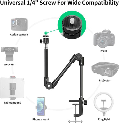 Webcam Stand Camera Mount with Phone Holder & 5/8" Screw, 22in Flexible Projector Stand Gooseneck Desk Mic Stand for Logitech C922 C930e C920 C615 C960 Brio 4K, GoPro, Blue Yeti Snowball Ice