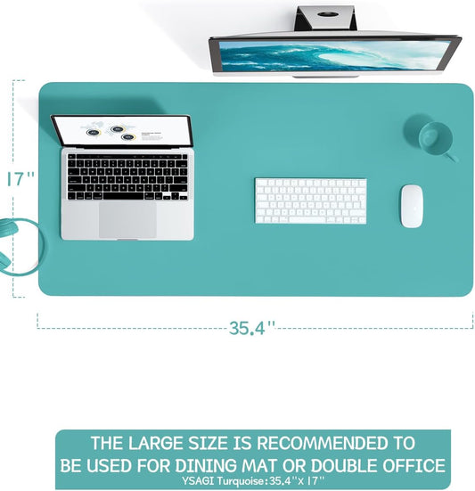 YSAGi Non-Slip Leather Desk Pad L Size, Waterproof Laptop Computer Desk Keyboard Mat, Table Protector Blotter Mat, Large Mouse Pad for Office/Work/Home/Decor(Green Blue, 35.4" x 17")
