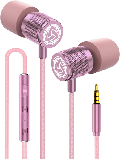 LUDOS Ultra Wired Earbuds in-Ear Headphones, 5 Years Warranty, Earphones with Microphone, Noise Isolating Ear Buds, Memory Foam for iPhone, Samsung, School Students, Kids, Women, Small Ears - Pink