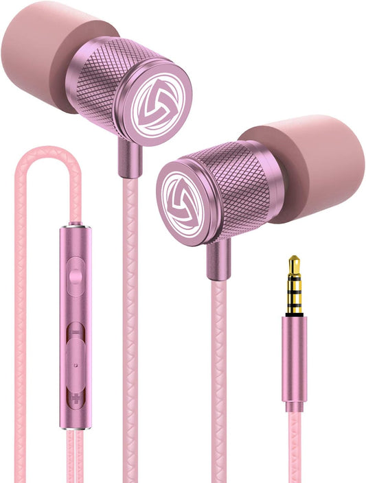 LUDOS Ultra Wired Earbuds in-Ear Headphones, 5 Years Warranty, Earphones with Microphone, Noise Isolating Ear Buds, Memory Foam for iPhone, Samsung, School Students, Kids, Women, Small Ears - Pink