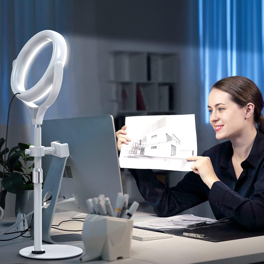 8 inch Desk Ring Light with Stand, Adjustable Computer Circle Light for Video Conference Lighting, Zoom Calls, Virtual Meeting, Video Recording, Selfie Light with Phone Holder for Streaming, Podcast