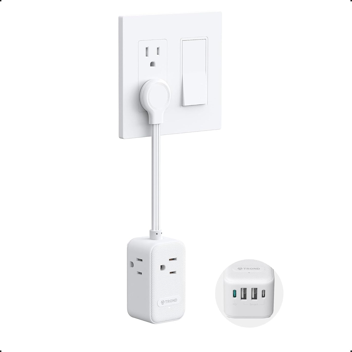 TROND Outlet Extender with 6 Inch Cord - Multi Plug Wall Outlet with PD 20W USB C Plug Adapter, Ultra Short Extension Cord, 3 Way Power Splitter for Bathroom Kitchen Office Dorm Travel Essentials