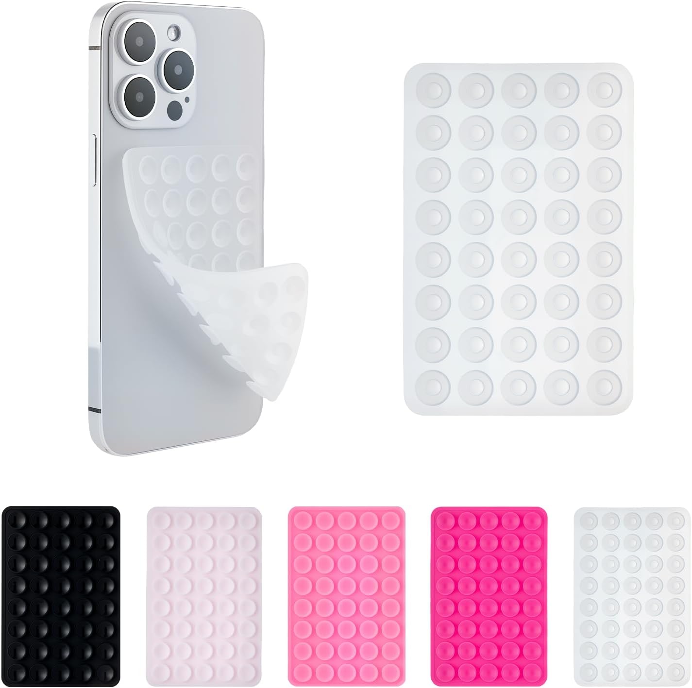 2 Pack Silicone Double-Sided Suction Grip – 40 Cups per Side, Strong Hold for iPhone, Galaxy, Pixel, Android – Hands-Free for Selfies & Videos (Clear)